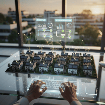 Rappresentazione concettuale di una piattaforma digitale per comunità energetiche che trasforma la burocrazia complessa in flussi di dati e incentivi automatizzati su una mappa urbana 3D