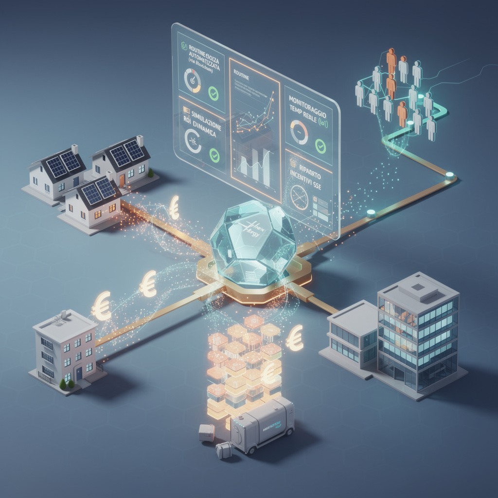 Illustrazione 3D isometrica della piattaforma HexErgy per comunità energetiche nei toni dell'arancione, giallo e oro. L'immagine mostra un ecosistema digitale che automatizza la burocrazia tramite blockchain, effettua simulazioni ROI e monitora gli incentivi GSE in tempo reale, evidenziando una crescita di 27 nuovi utenti a settimana attraverso un marketplace integrato.